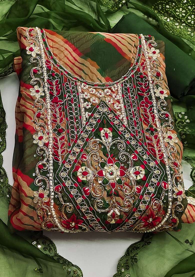 Mehandi Green Embroidered Oragnza Dress Material - Indya