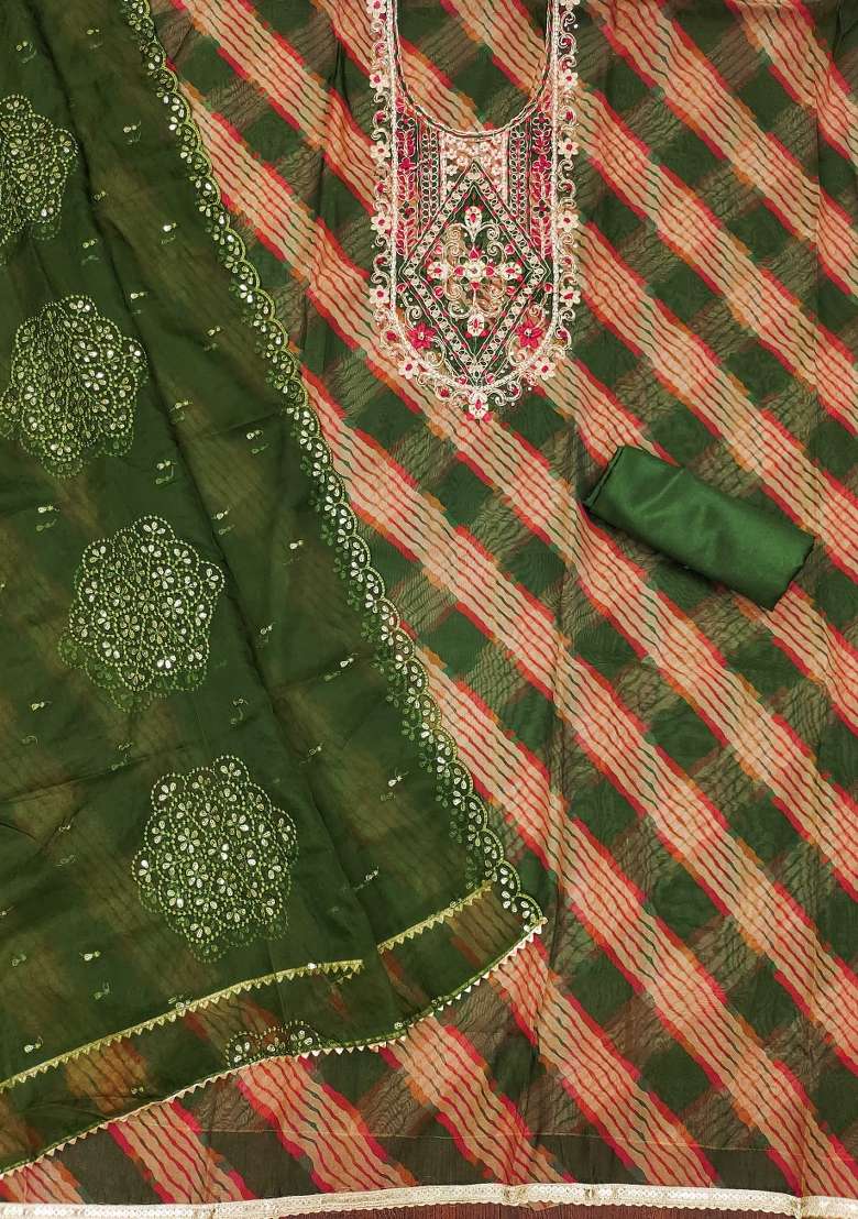 Mehandi Green Embroidered Oragnza Dress Material - Indya