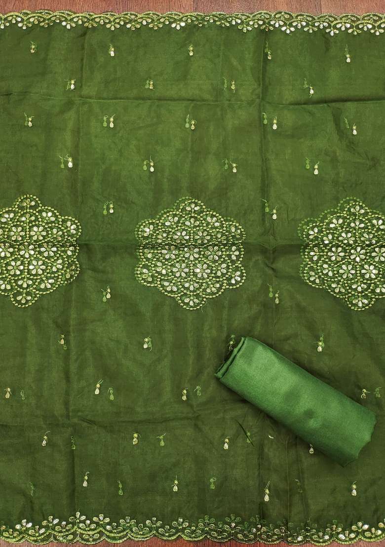 Mehandi Green Embroidered Oragnza Dress Material - Indya