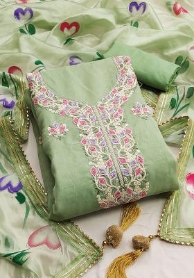 Pista Green Embroidered Oragnza Dress Material