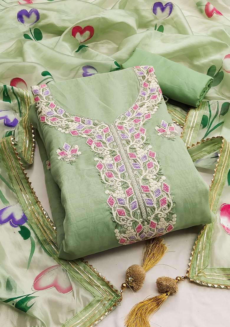 Pista Green Embroidered Oragnza Dress Material - Indya
