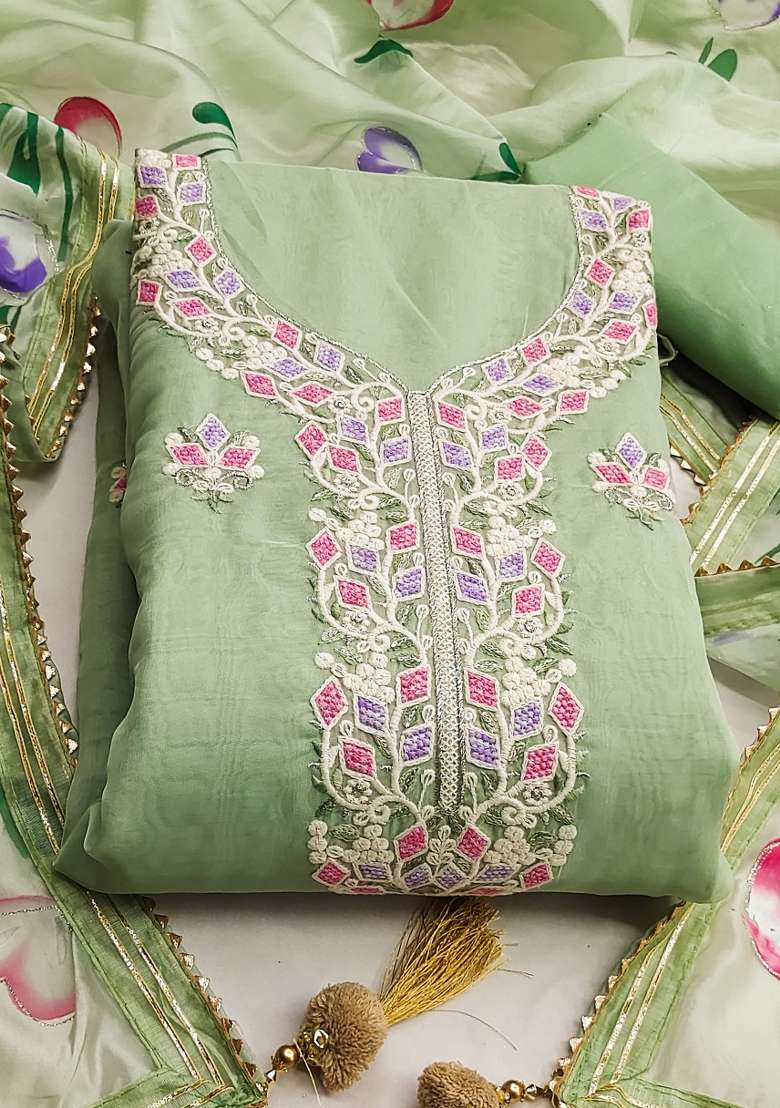 Pista Green Embroidered Oragnza Dress Material - Indya