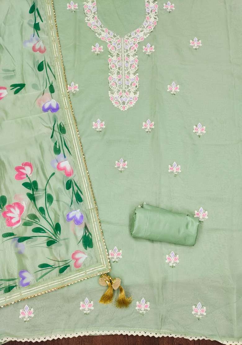 Pista Green Embroidered Oragnza Dress Material - Indya