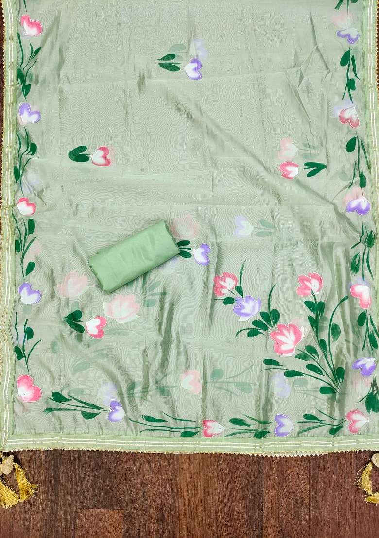 Pista Green Embroidered Oragnza Dress Material - Indya