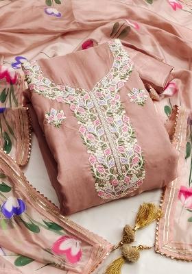 Pink Embroidered Oragnza Dress Material