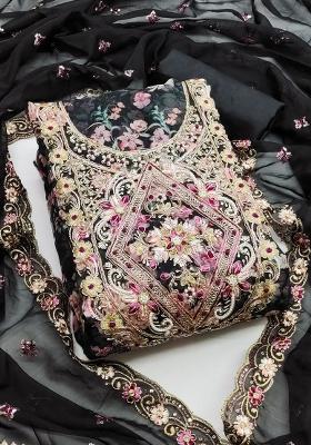 Black Embroidered Oragnza Dress Material