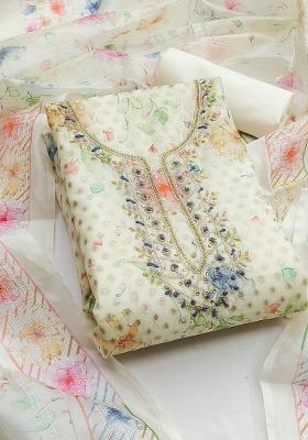 Off White Embroidered Jacquard Dress Material