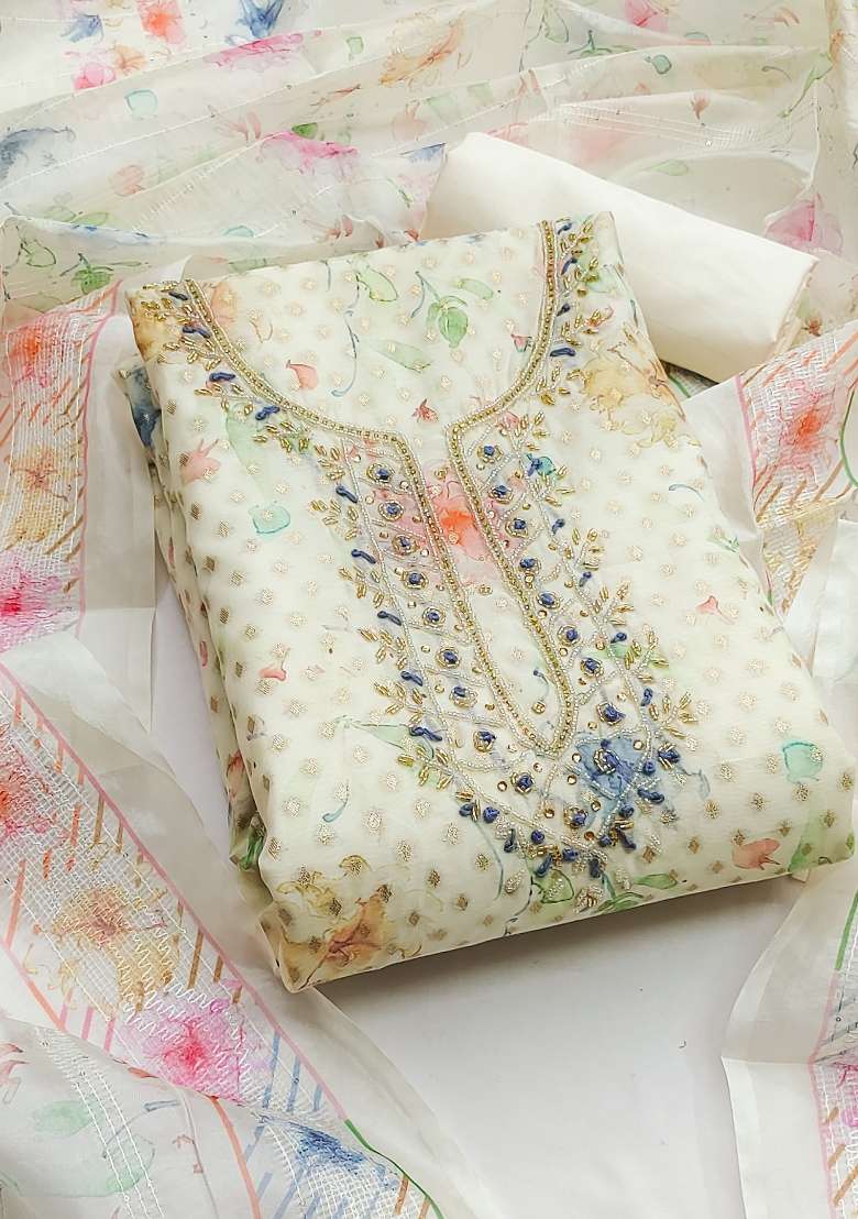 Off White Embroidered Jacquard Straight Kurta Set - Indya