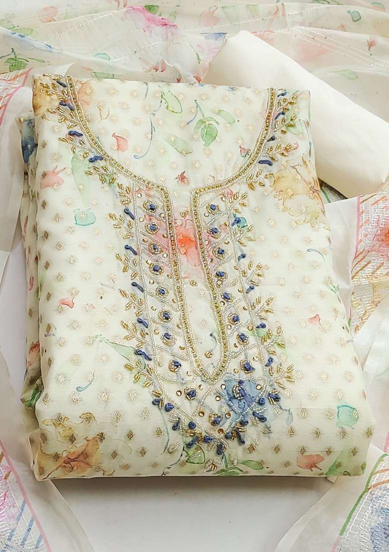 Off White Embroidered Jacquard Straight Kurta Set - Indya