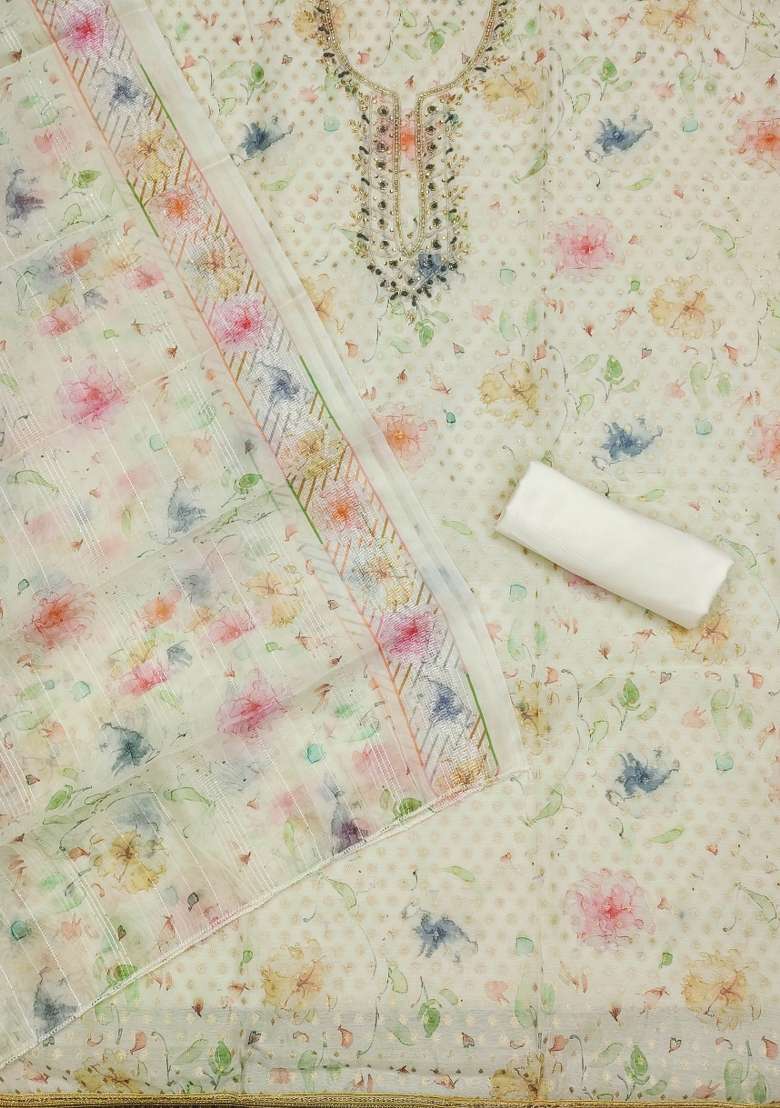 Off White Embroidered Jacquard Straight Kurta Set - Indya