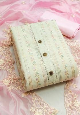 Off White Embroidered Chanderi Dress Material