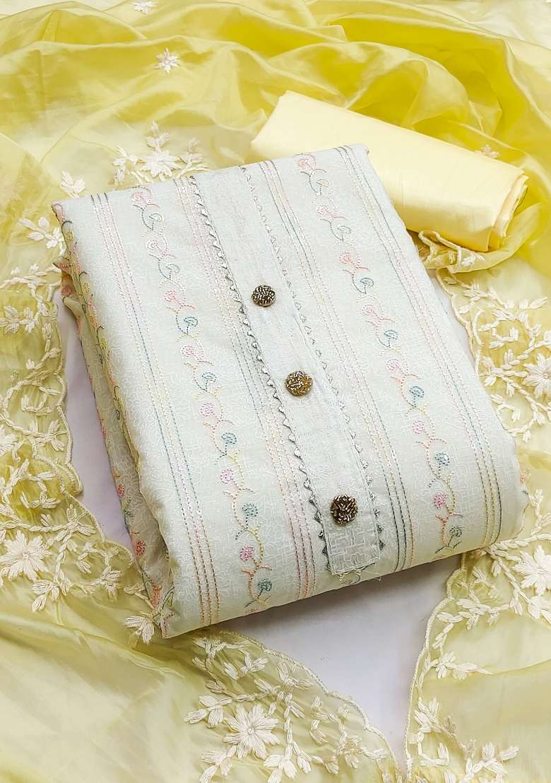 Off White Embroidered Chanderi Straight Kurta Set - Indya