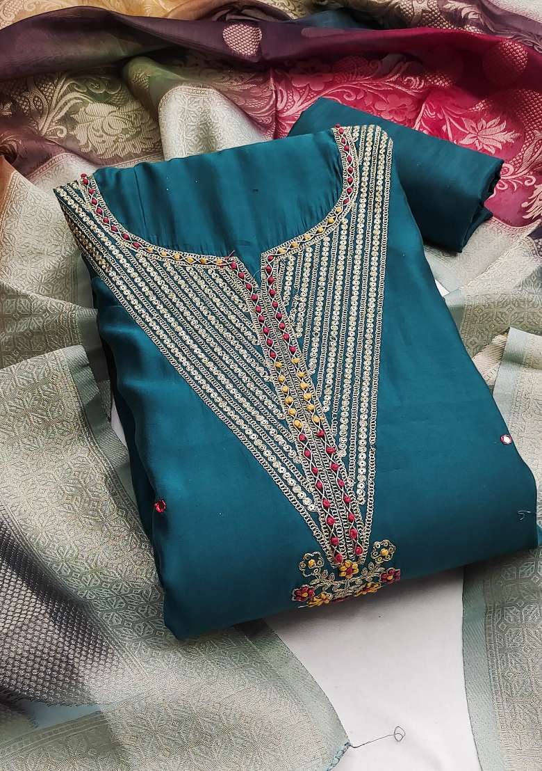 Teal Embroidered Silk Dress Material - Indya