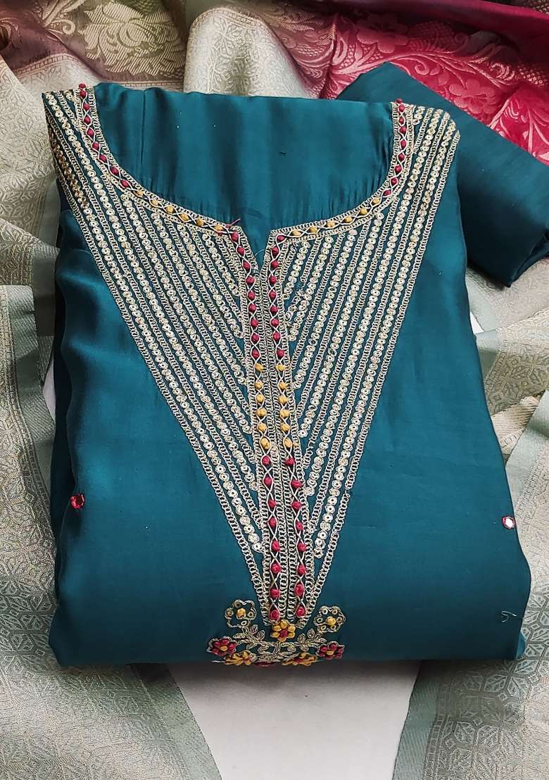 Teal Embroidered Silk Dress Material - Indya