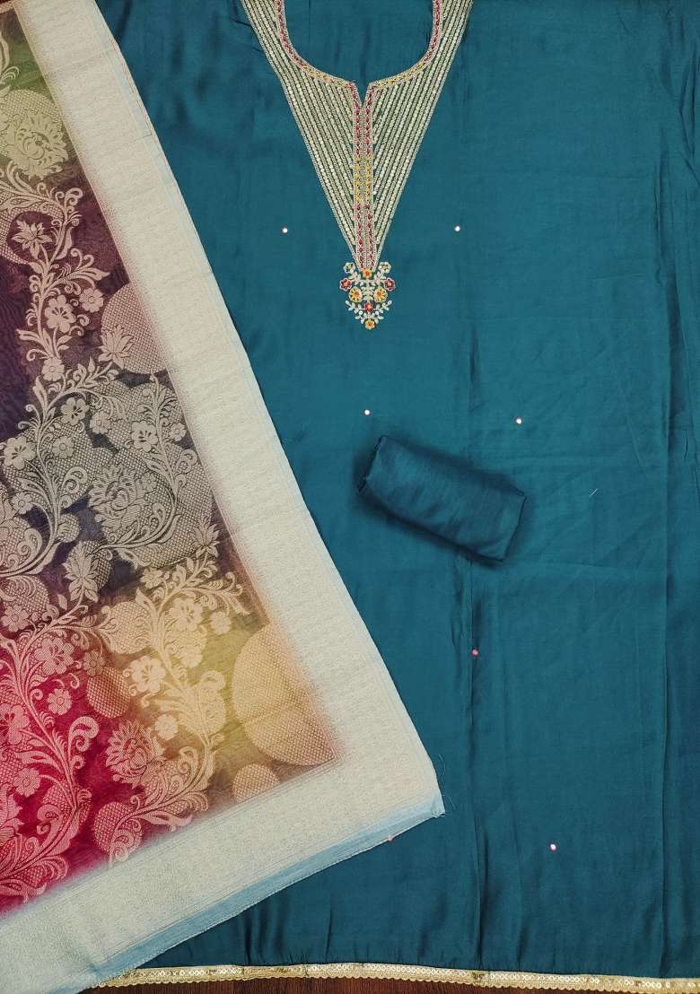 Teal Embroidered Silk Dress Material - Indya