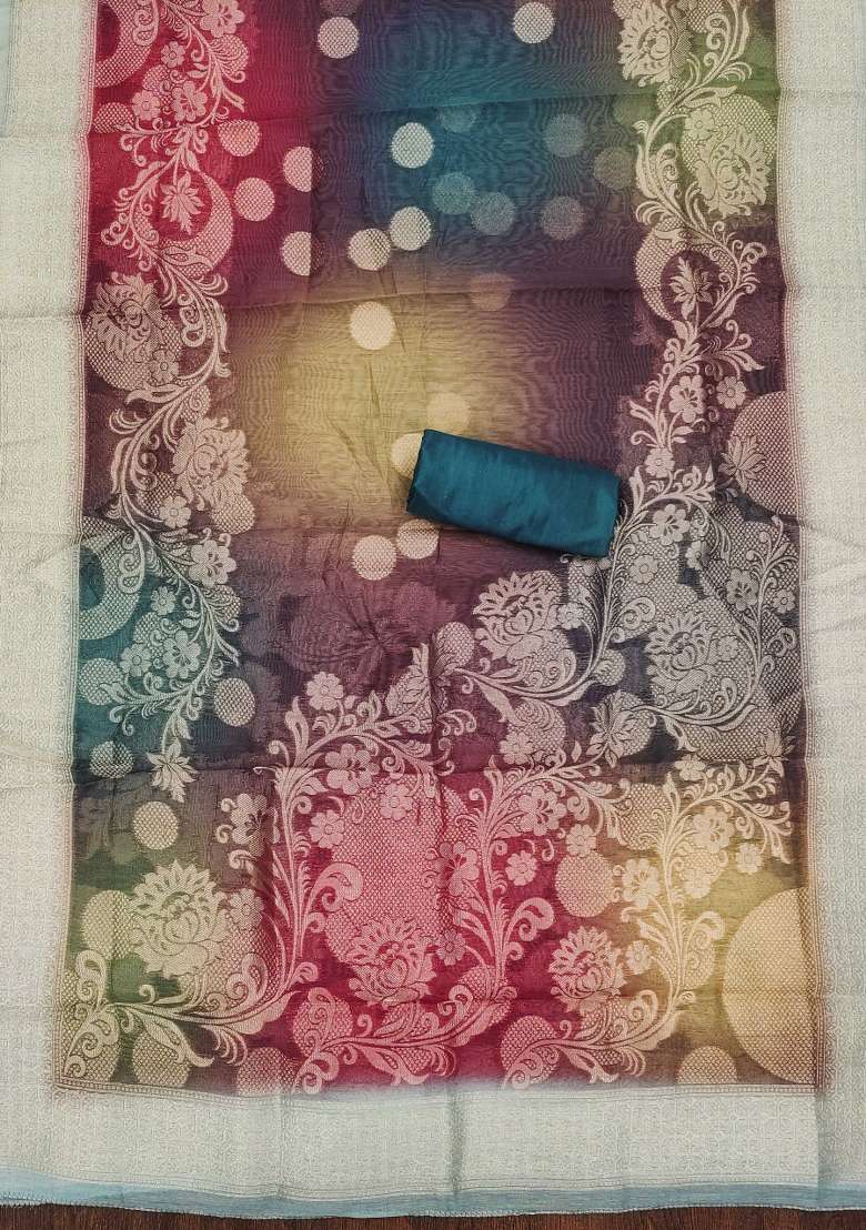 Teal Embroidered Silk Dress Material - Indya