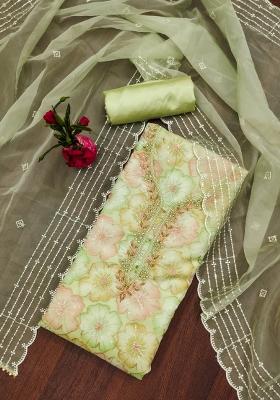 Pista Green Embroidered Oragnza Dress Material