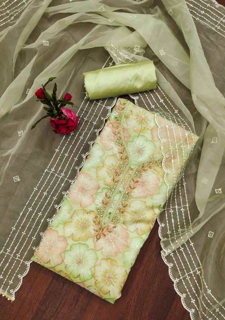 Pista Green Embroidered Organza Straight Kurta Set - Indya