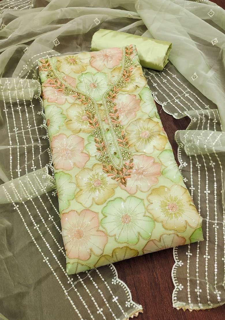 Pista Green Embroidered Organza Straight Kurta Set - Indya
