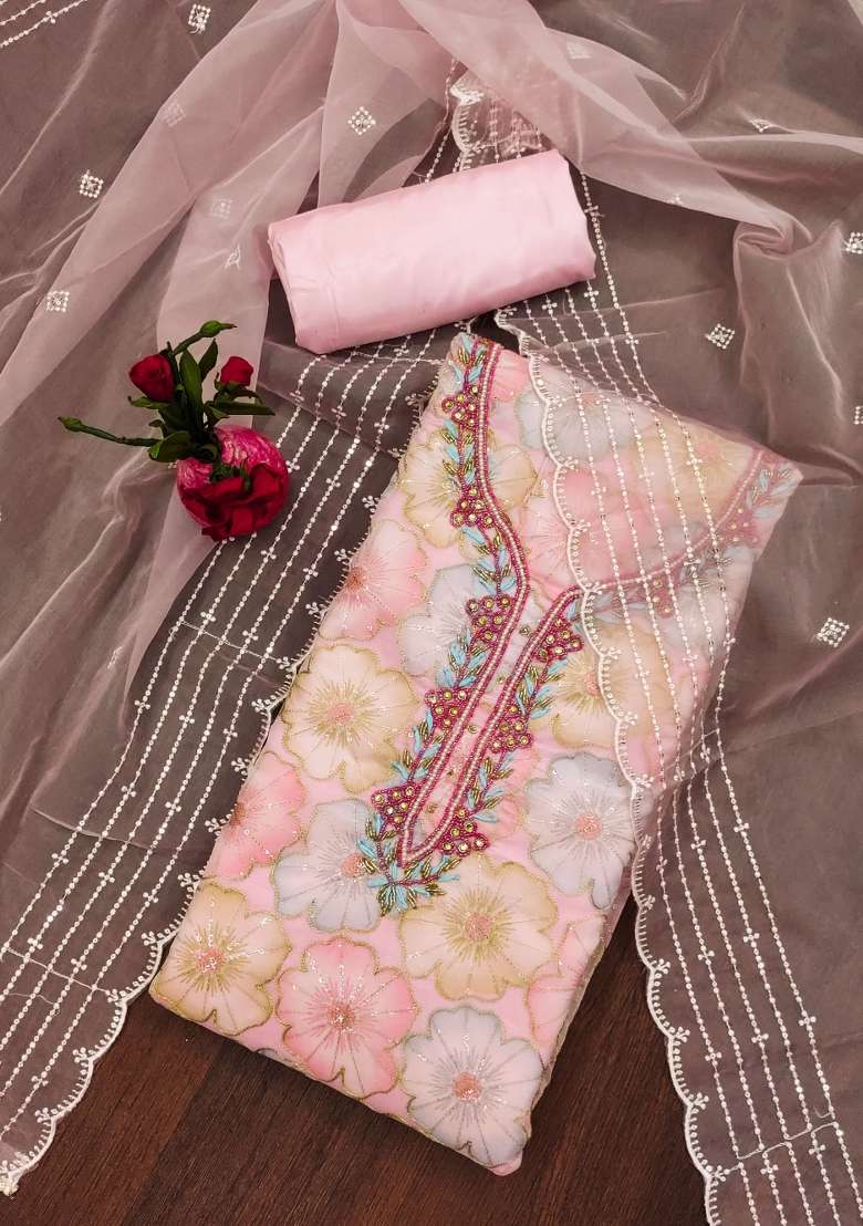Baby Pink Embroidered Organza Straight Kurta Set - Indya