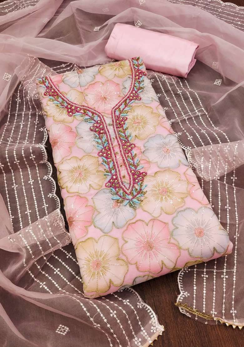 Baby Pink Embroidered Organza Straight Kurta Set - Indya