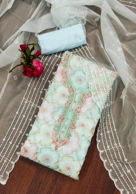 Sky Blue Embroidered Oragnza Dress Material