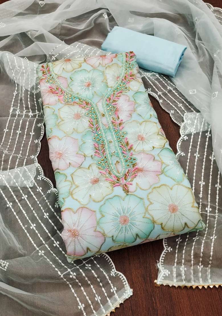 Sky Blue Embroidered Organza Straight Kurta Set - Indya