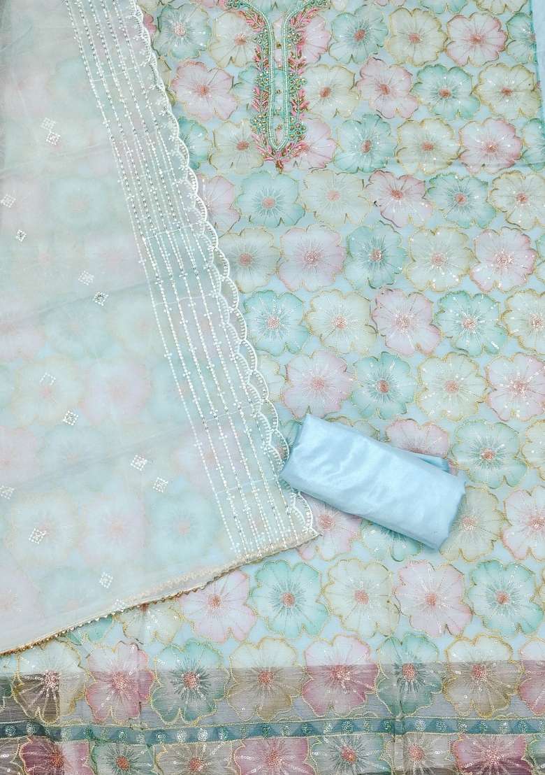 Sky Blue Embroidered Organza Straight Kurta Set - Indya