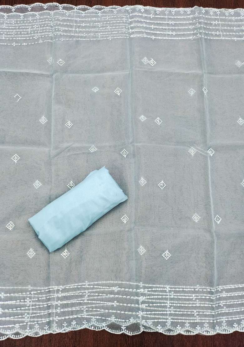 Sky Blue Embroidered Organza Straight Kurta Set - Indya