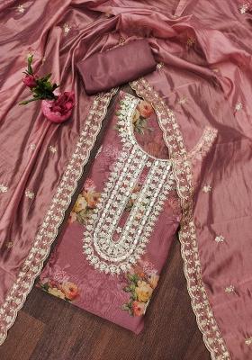 Purple Embroidered Oragnza Dress Material