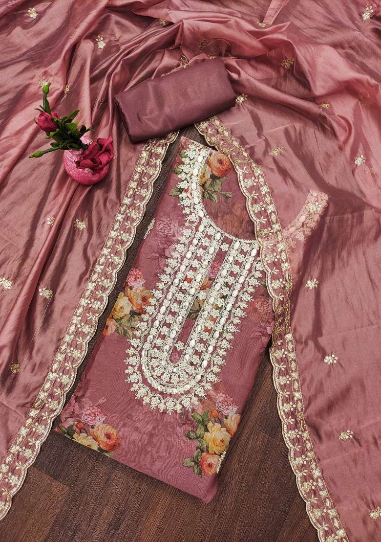 Purple Embroidered Oragnza Dress Material - Indya