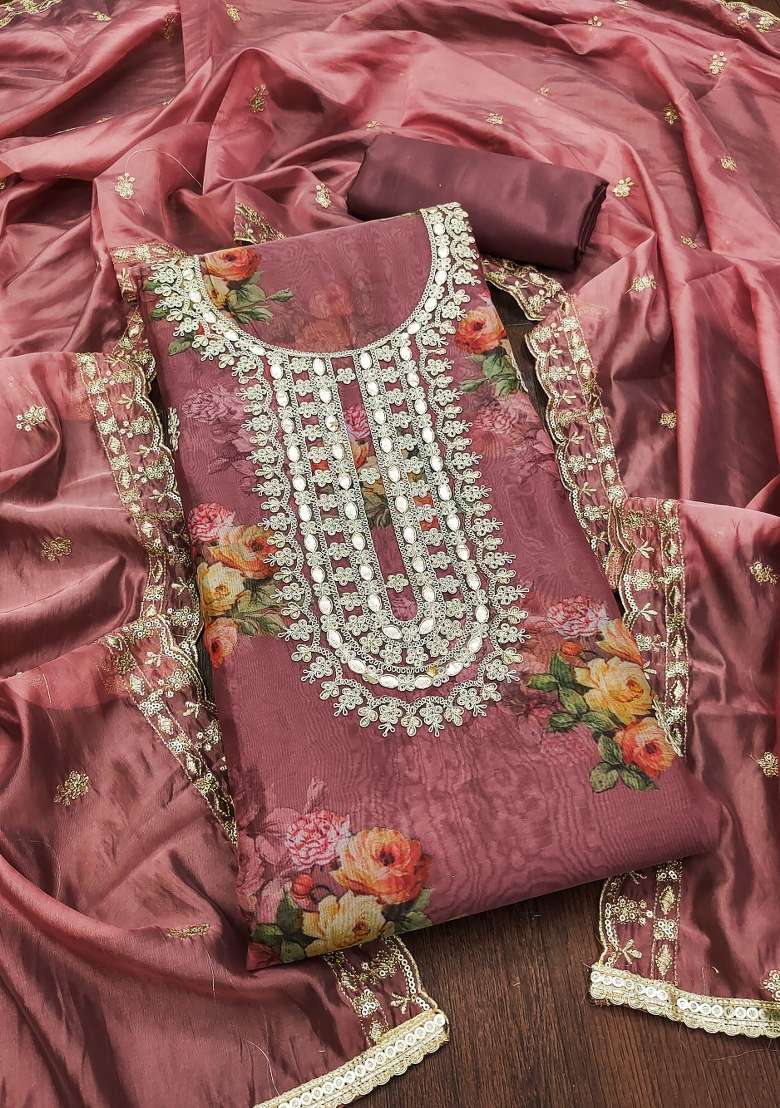 Purple Embroidered Oragnza Dress Material - Indya