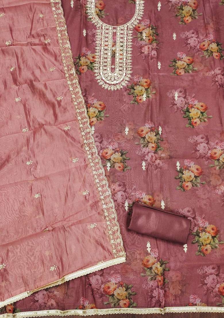 Purple Embroidered Oragnza Dress Material - Indya