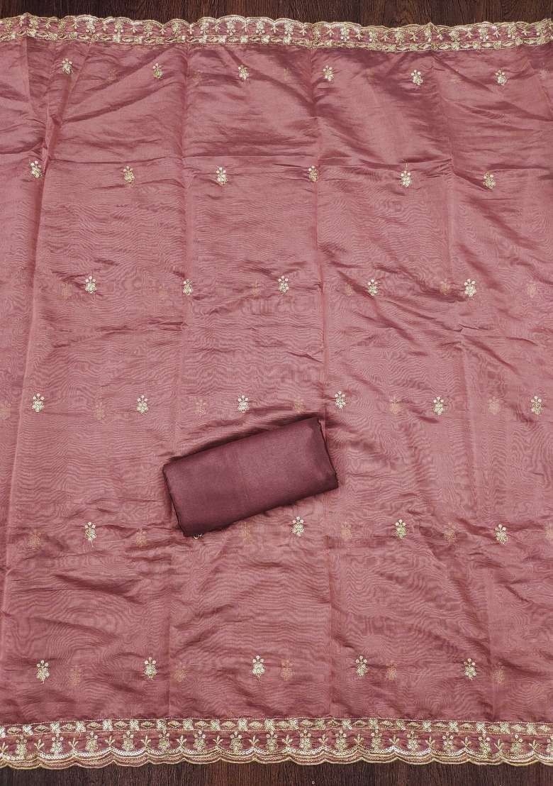 Purple Embroidered Oragnza Dress Material - Indya