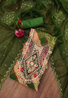 Mehandi Green Embroidered Oragnza Dress Material
