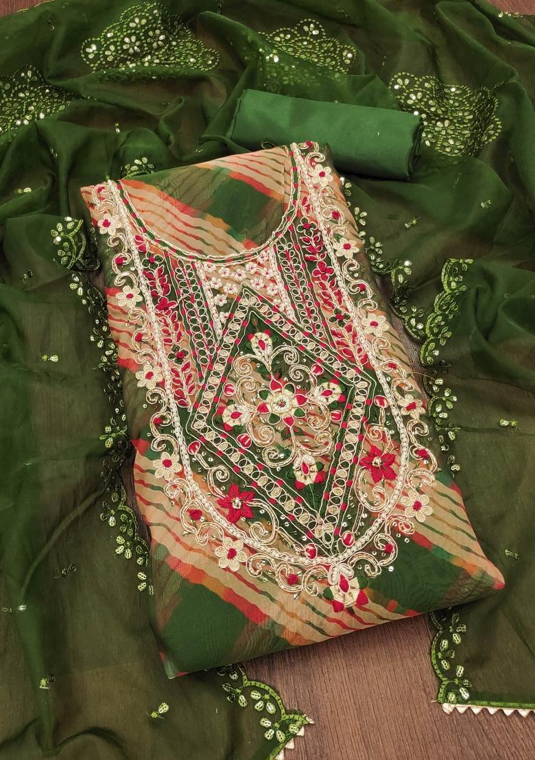 Mehandi Green Embroidered Oragnza Dress Material