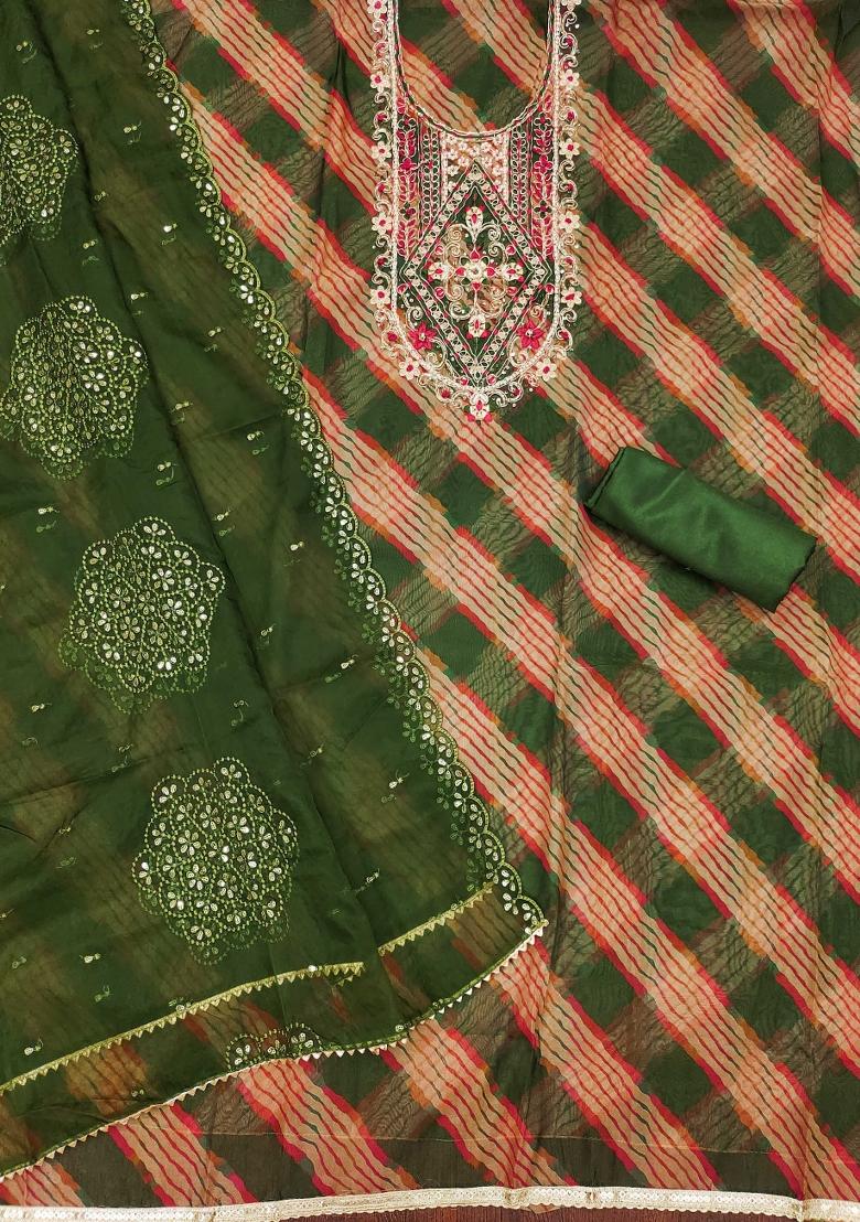 Mehandi Green Embroidered Oragnza Dress Material