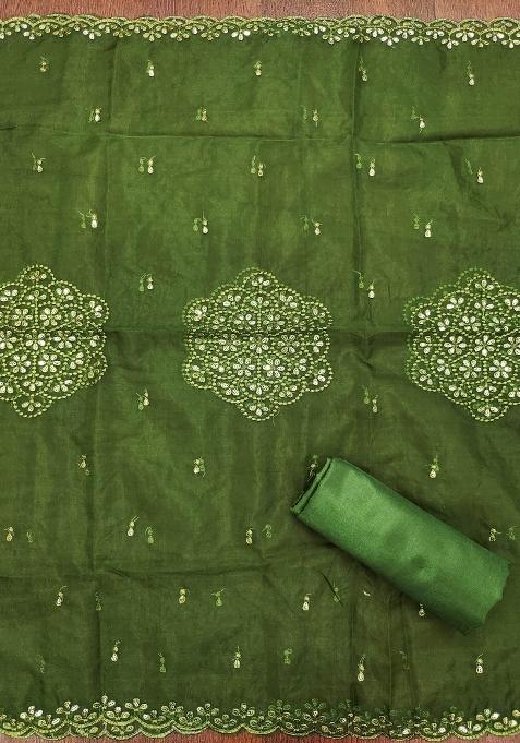 Mehandi Green Embroidered Oragnza Dress Material