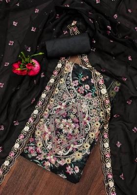 Black Embroidered Oragnza Dress Material