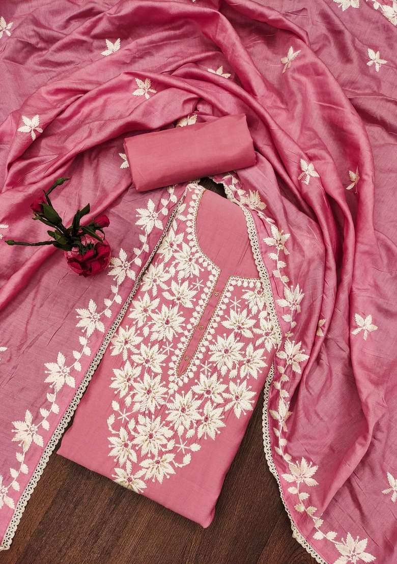 Pink Chikankari Silk Blend Straight Kurta Set - Indya