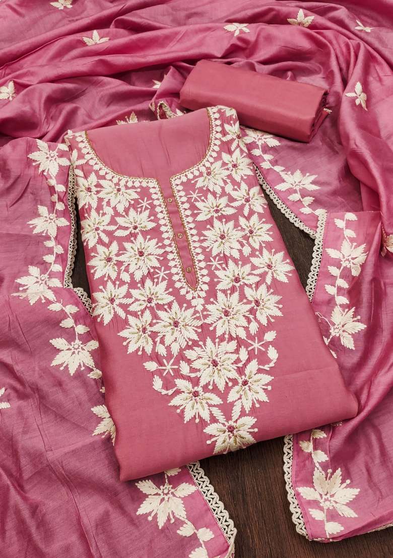 Pink Chikankari Silk Blend Straight Kurta Set - Indya