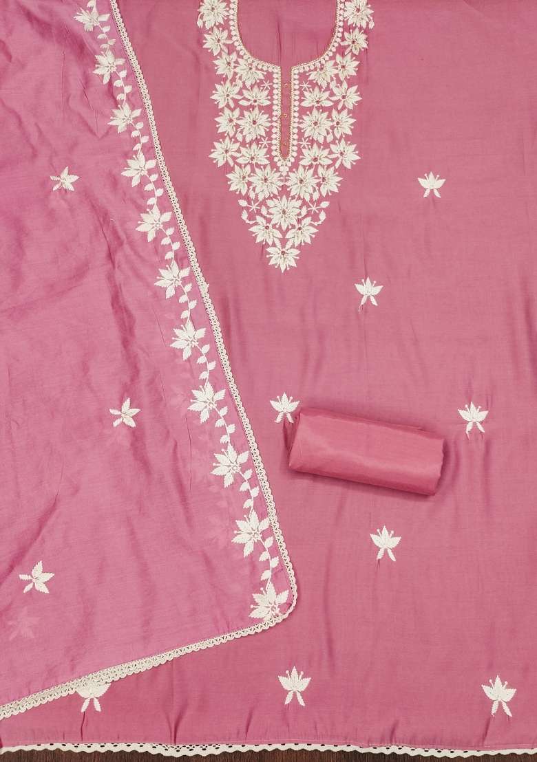 Pink Chikankari Silk Blend Straight Kurta Set - Indya