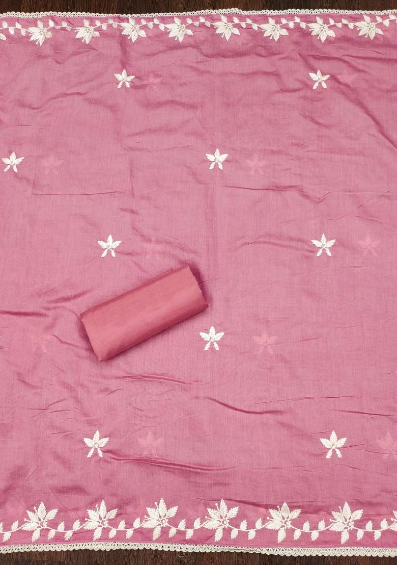 Pink Chikankari Silk Blend Straight Kurta Set - Indya