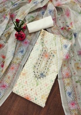 Off White Embroidered Jacquard Dress Material
