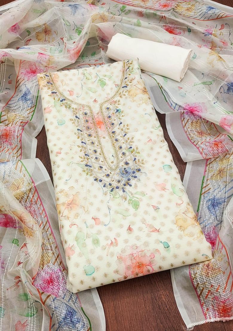 Off White Embroidered Jacquard Dress Material