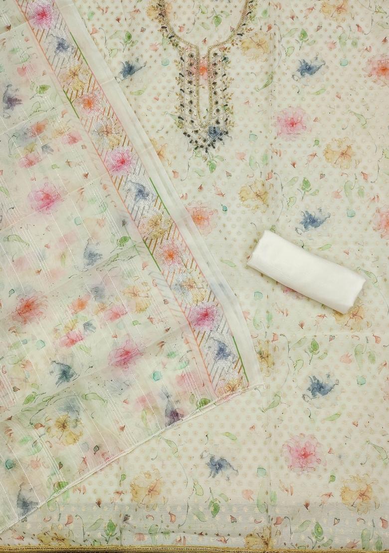 Off White Embroidered Jacquard Dress Material