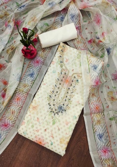 Off White Embroidered Jacquard Dress Material