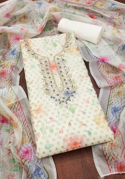 Off White Embroidered Jacquard Dress Material