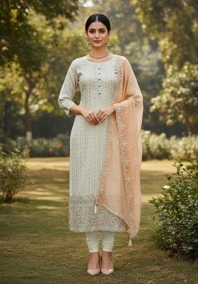Off White Embroidered Chanderi Dress Material