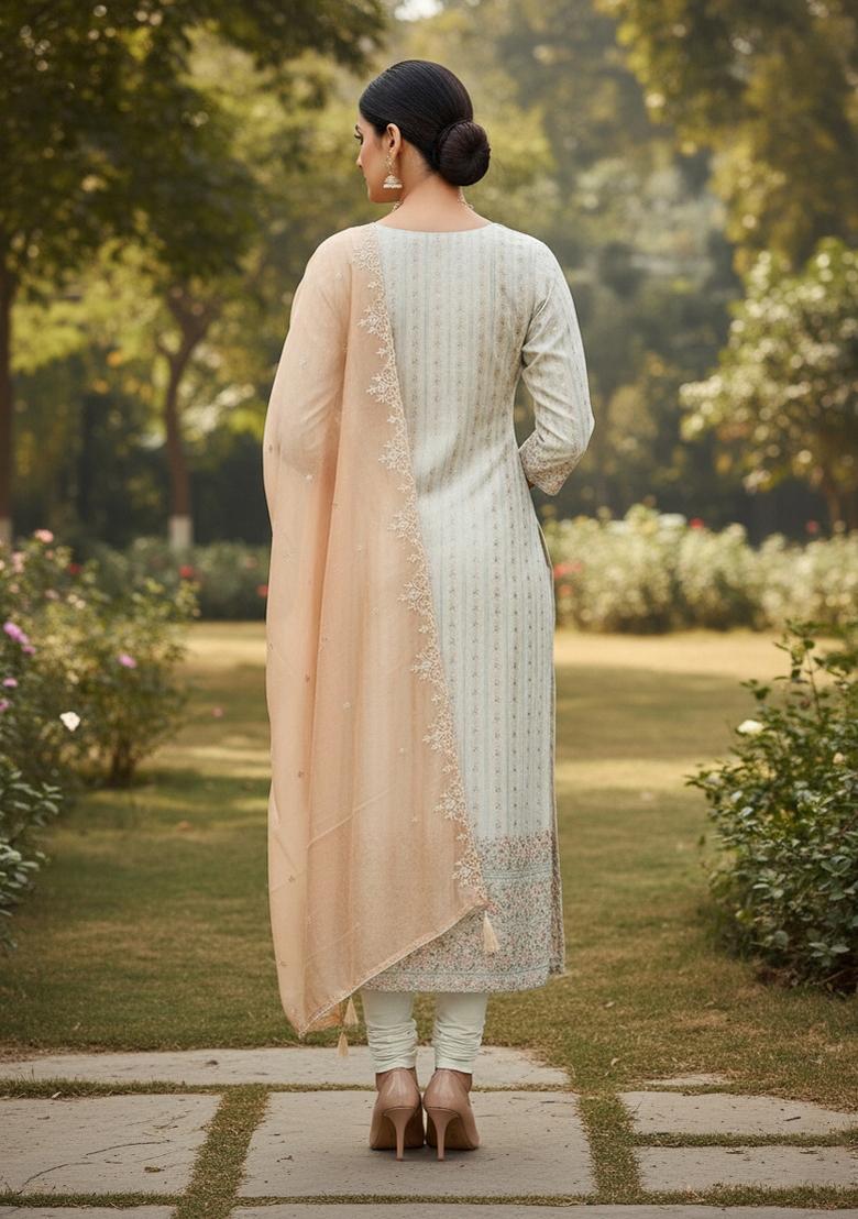 Off White Embroidered Chanderi Dress Material - Indya